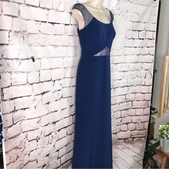 AIDAN MATTOX Lace inset cutout Navy Blue floor length gown Size 4 NEW WITH TAGS - Picture 3 of 15